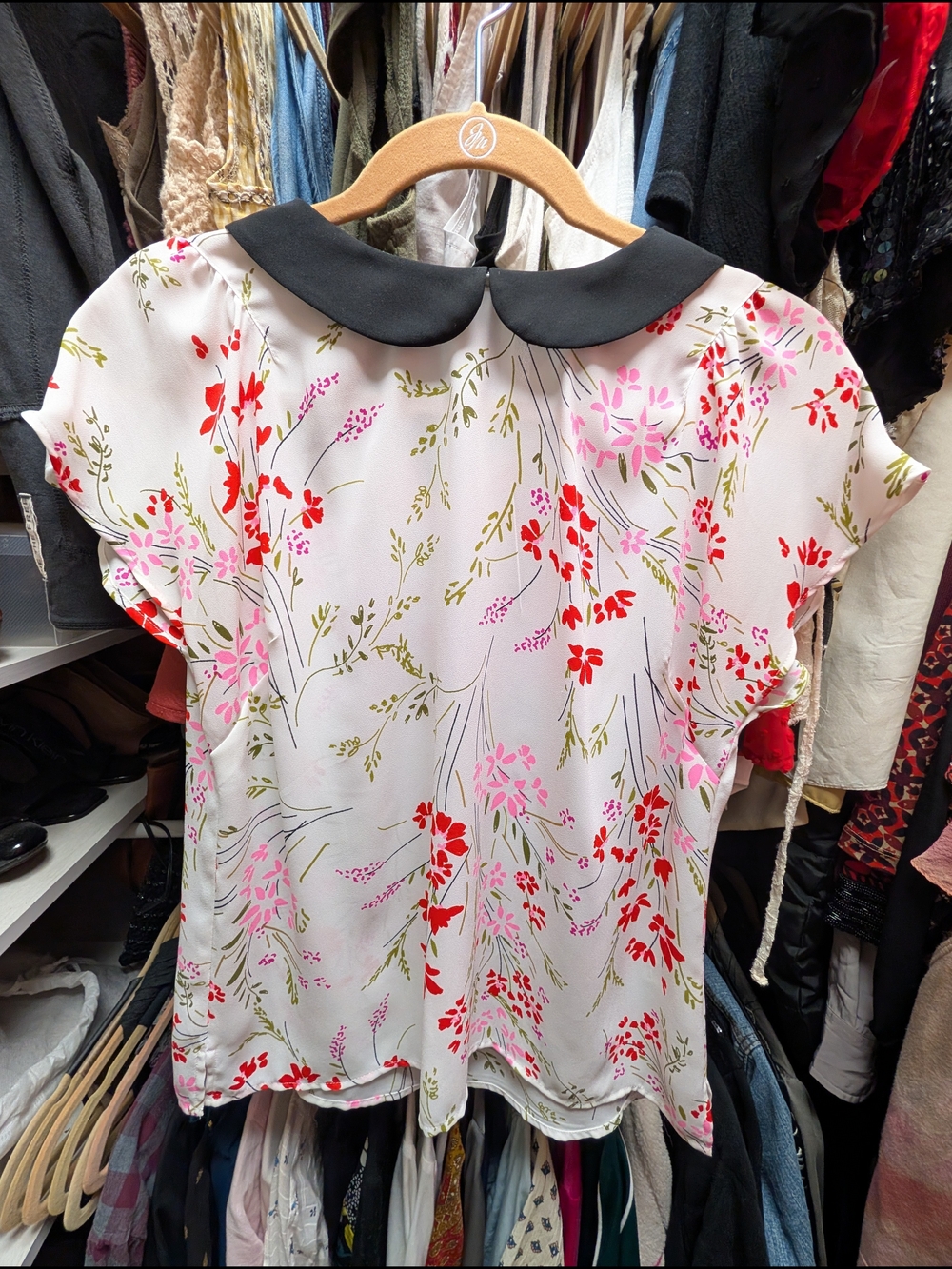Floral Print, Peter Pan Collar Blouse - Black Collar, Pink & Red Flowers
